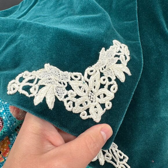 Vintage Green Velvet Jacket Top White Embellishments Handmade Renaissance Flared - Picture 6 of 8